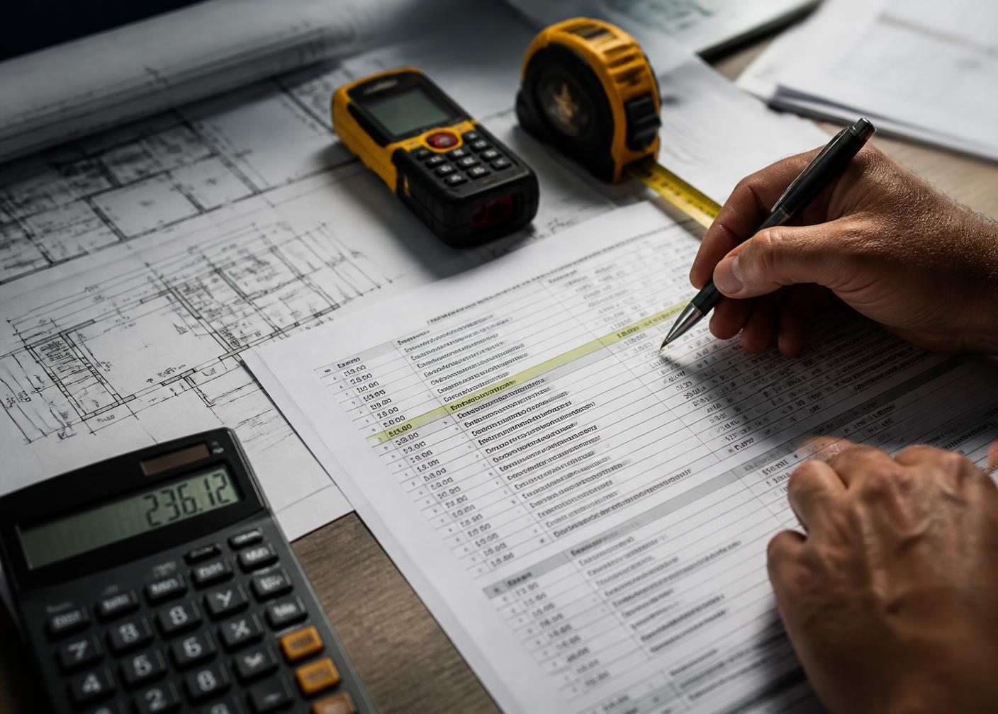Building consultant reviewing reconstruction estimate, measurements and construction plans for an insured property loss